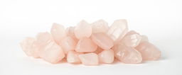 A beautiful cluster of rose quartz crystals set against a stark white background