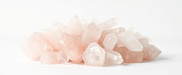 A beautiful cluster of rose quartz crystals set against a stark white background