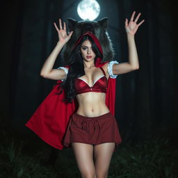 a beautiful woman dressed as Little Red Riding Hood in a dark forest at night stands in front of a menacing wolf