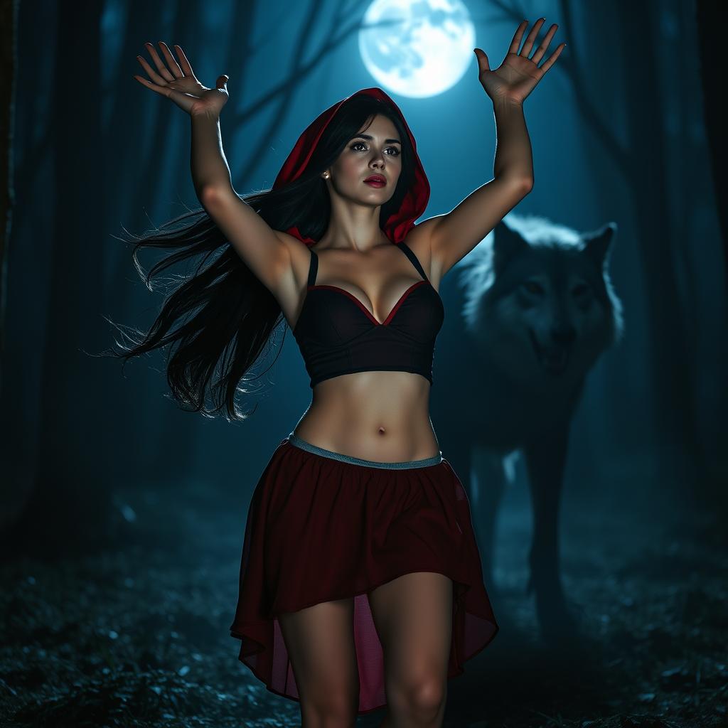 a beautiful woman dressed as Little Red Riding Hood in a dark forest at night stands in front of a menacing wolf