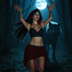 a beautiful woman dressed as Little Red Riding Hood in a dark forest at night stands in front of a menacing wolf