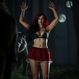 a beautiful woman dressed as Little Red Riding Hood in a dark forest at night stands in front of a menacing wolf