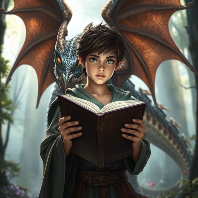 A fantasy character holding a book, set in an enchanting forest