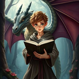 A fantasy character holding a book, set in an enchanting forest