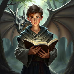 A fantasy character holding a book, set in an enchanting forest