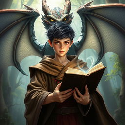 A fantasy character holding a book, set in an enchanting forest