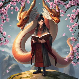 A fantasy character holding a book, set in a mystical Asian landscape