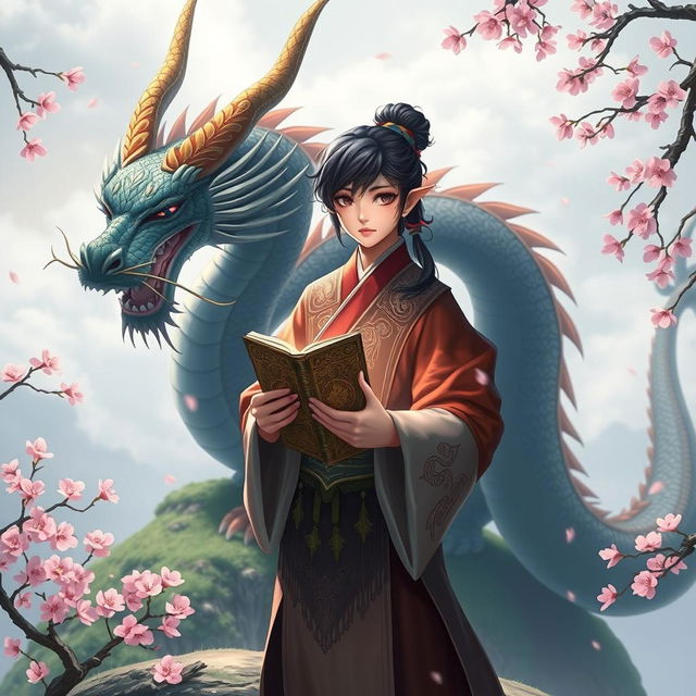 A fantasy character holding a book, set in a mystical Asian landscape