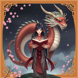 A fantasy character holding a book, set in a mystical Asian landscape