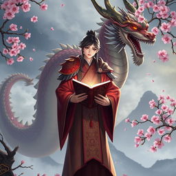 A fantasy character holding a book, set in a mystical Asian landscape