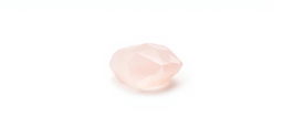 A single piece of rose quartz crystal displayed on a stark white background