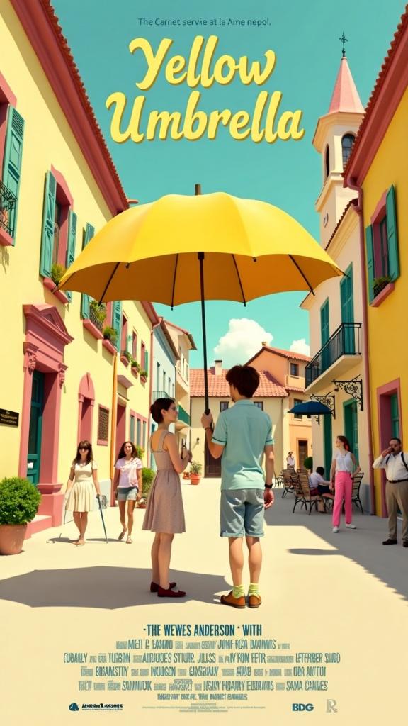 A beautifully designed movie poster inspired by Wes Anderson for a film titled "Yellow Umbrella"