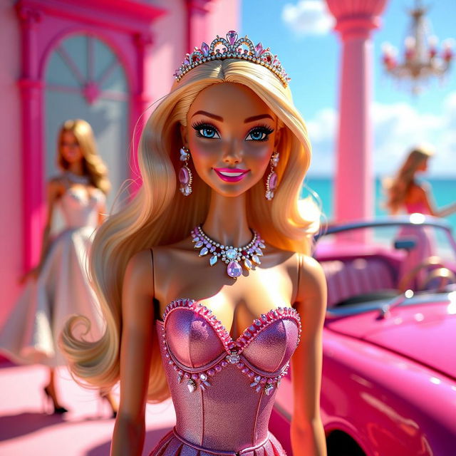 A stunning HD Barbie-themed poster, showcasing Barbie in a dazzling ensemble of outfits with perfect details