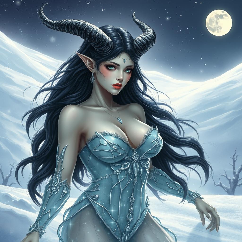 a beautiful yet evil crystal woman in the snow, with large breasts, horns, and black hair