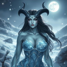 a beautiful yet evil crystal woman in the snow, with large breasts, horns, and black hair