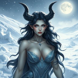 a beautiful yet evil crystal woman in the snow, with large breasts, horns, and black hair