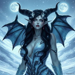 a beautiful yet evil crystal woman in the snow, with large breasts, horns, and black hair