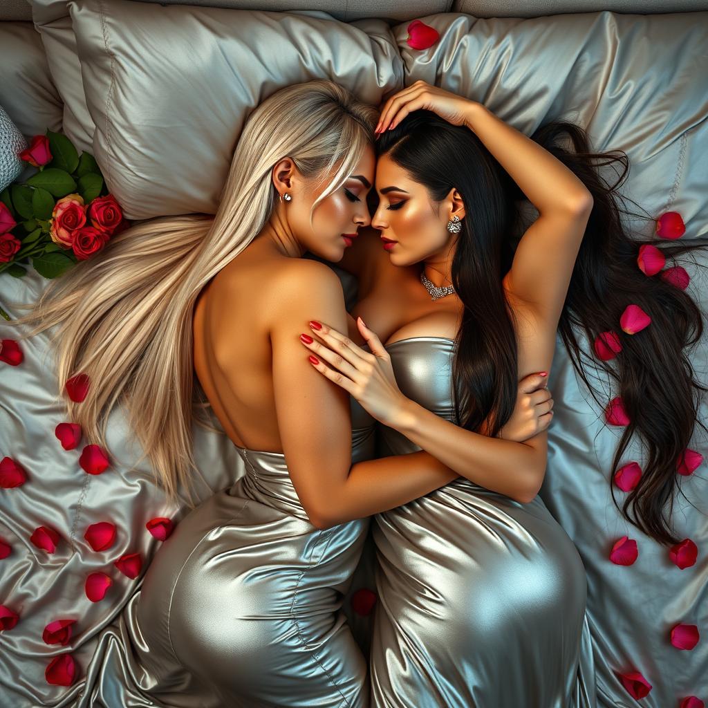 In a scene overflowing with passion and lust, two very glamorous busty tanned women share a moment of deep connection, their heads gently touching as they hold each other tightly from behind