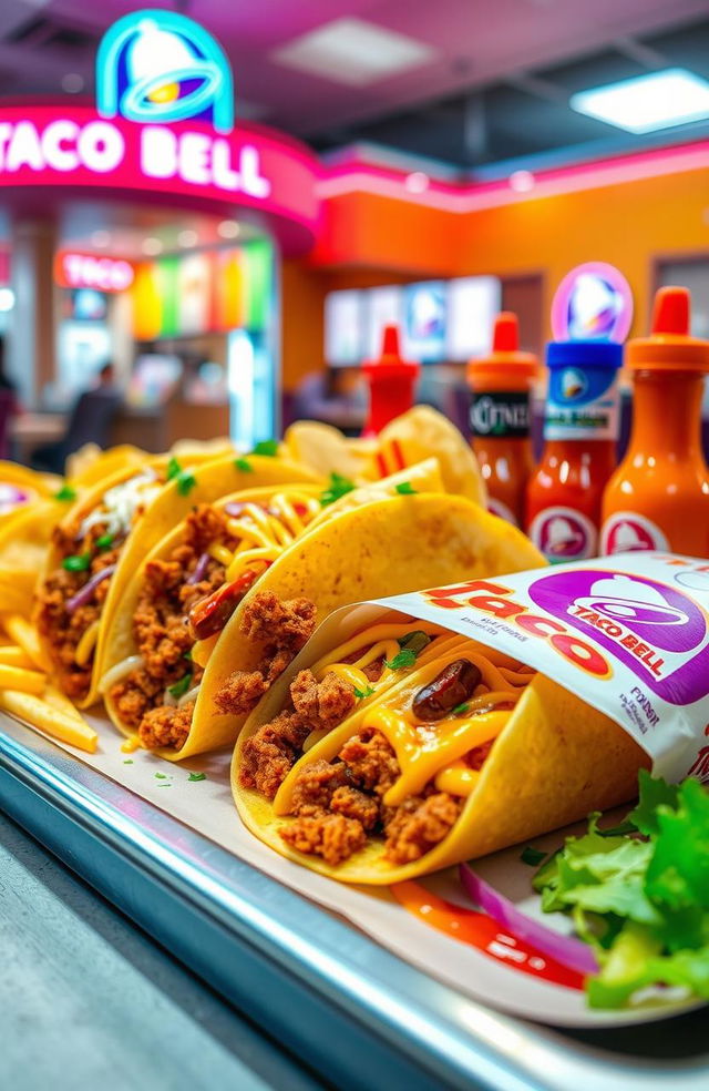 A delicious and vibrant arrangement of Taco Bell food, featuring iconic items like crunchy tacos, cheesy quesadillas, and a colorful assortment of hot sauces