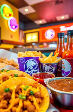 A delicious and vibrant arrangement of Taco Bell food, featuring iconic items like crunchy tacos, cheesy quesadillas, and a colorful assortment of hot sauces