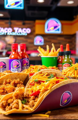 A delicious and vibrant arrangement of Taco Bell food, featuring iconic items like crunchy tacos, cheesy quesadillas, and a colorful assortment of hot sauces