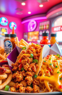 A delicious and vibrant arrangement of Taco Bell food, featuring iconic items like crunchy tacos, cheesy quesadillas, and a colorful assortment of hot sauces