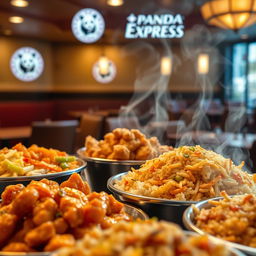 A mouth-watering display of Panda Express food, showcasing popular dishes like orange chicken, fried rice, and chow mein