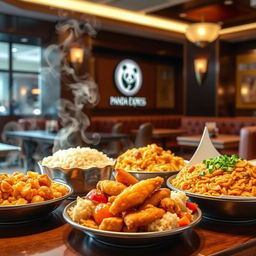 A mouth-watering display of Panda Express food, showcasing popular dishes like orange chicken, fried rice, and chow mein