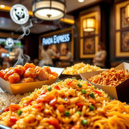 A mouth-watering display of Panda Express food, showcasing popular dishes like orange chicken, fried rice, and chow mein