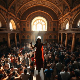 Inside a vast, ancient Arabic grand hall transformed into a lively dance club, showcasing stunning old architecture with intricate designs