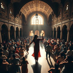 Inside a vast, ancient Arabic grand hall transformed into a lively dance club, showcasing stunning old architecture with intricate designs