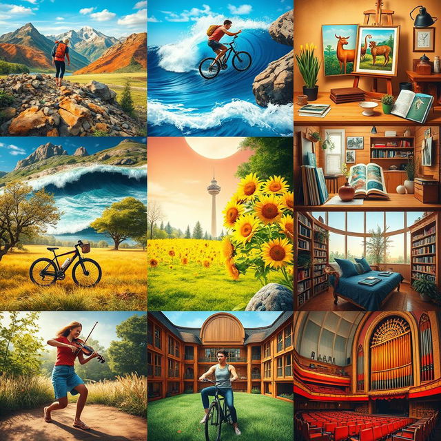 A vibrant collage capturing a variety of activities such as hiking in the mountains, surfing on ocean waves, painting in an art studio, cooking in a cozy kitchen, cycling through a sunny park, yoga in a serene field, reading in a quaint library, and playing a violin in a grand concert hall