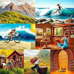 A vibrant collage capturing a variety of activities such as hiking in the mountains, surfing on ocean waves, painting in an art studio, cooking in a cozy kitchen, cycling through a sunny park, yoga in a serene field, reading in a quaint library, and playing a violin in a grand concert hall