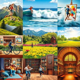 A vibrant collage capturing a variety of activities such as hiking in the mountains, surfing on ocean waves, painting in an art studio, cooking in a cozy kitchen, cycling through a sunny park, yoga in a serene field, reading in a quaint library, and playing a violin in a grand concert hall