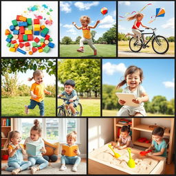 A playful collage capturing a variety of activities for kids such as playing with building blocks, painting vibrant pictures with watercolors, jumping rope, riding bicycles in a park, flying colorful kites, baking simple cookies with a parent in a sunny kitchen, reading picture books in a cozy reading nook, and playing in a sandbox with toy shovels and pails