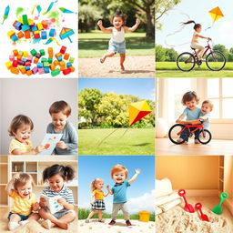 A playful collage capturing a variety of activities for kids such as playing with building blocks, painting vibrant pictures with watercolors, jumping rope, riding bicycles in a park, flying colorful kites, baking simple cookies with a parent in a sunny kitchen, reading picture books in a cozy reading nook, and playing in a sandbox with toy shovels and pails