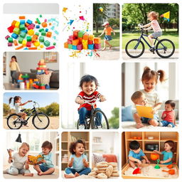 A playful collage capturing a variety of activities for kids such as playing with building blocks, painting vibrant pictures with watercolors, jumping rope, riding bicycles in a park, flying colorful kites, baking simple cookies with a parent in a sunny kitchen, reading picture books in a cozy reading nook, and playing in a sandbox with toy shovels and pails