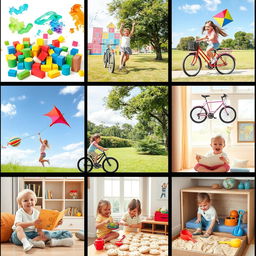 A playful collage capturing a variety of activities for kids such as playing with building blocks, painting vibrant pictures with watercolors, jumping rope, riding bicycles in a park, flying colorful kites, baking simple cookies with a parent in a sunny kitchen, reading picture books in a cozy reading nook, and playing in a sandbox with toy shovels and pails