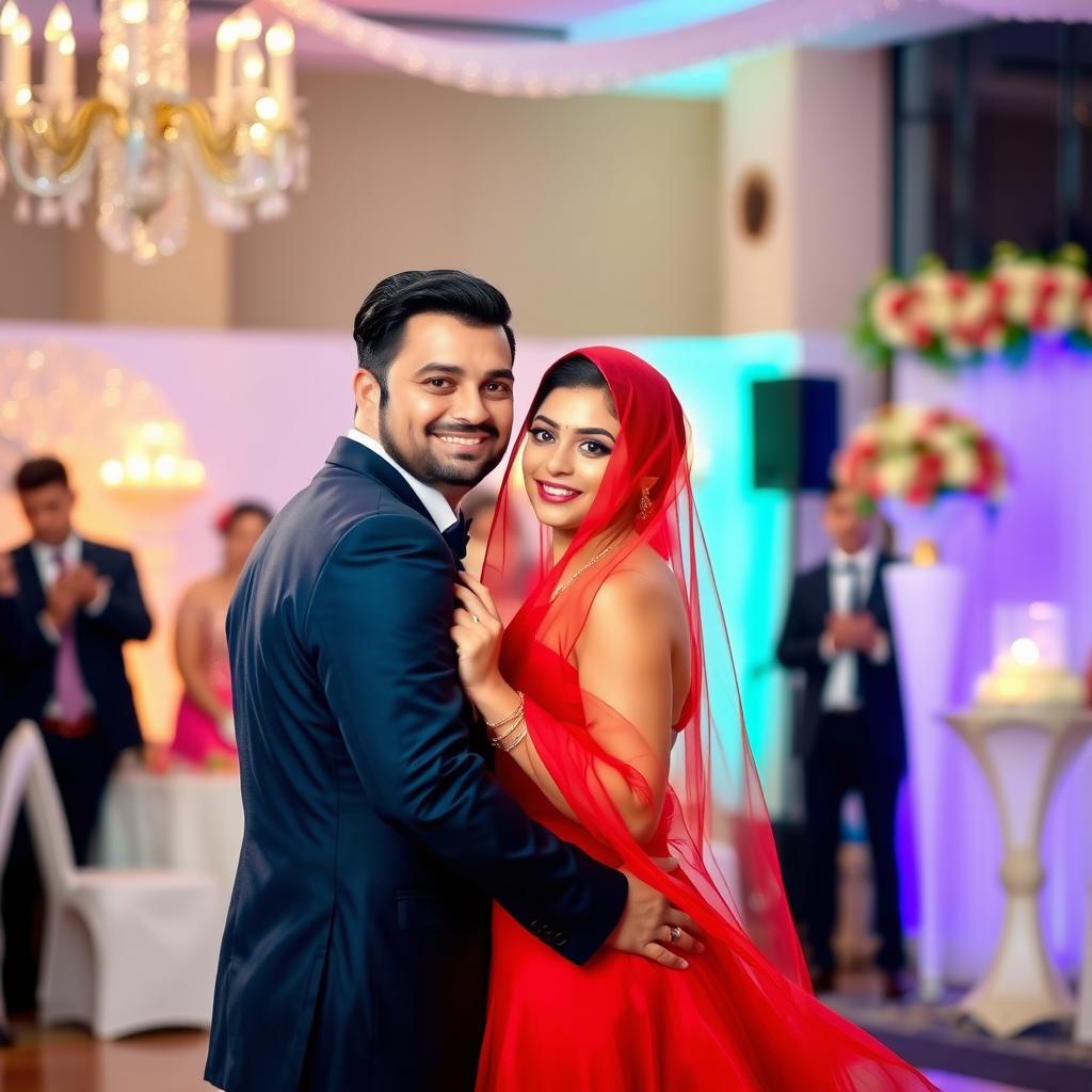 A groom in a navy blue suit dancing with a bride in a stunning red dress with a matching red veil