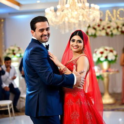 A groom in a navy blue suit dancing with a bride in a stunning red dress with a matching red veil