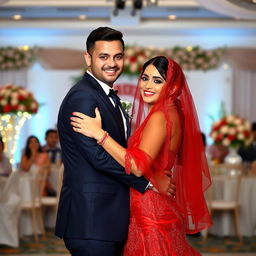 A groom in a navy blue suit dancing with a bride in a stunning red dress with a matching red veil