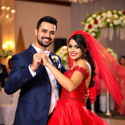 A groom in a navy blue suit dancing with a bride in a stunning red dress with a matching red veil