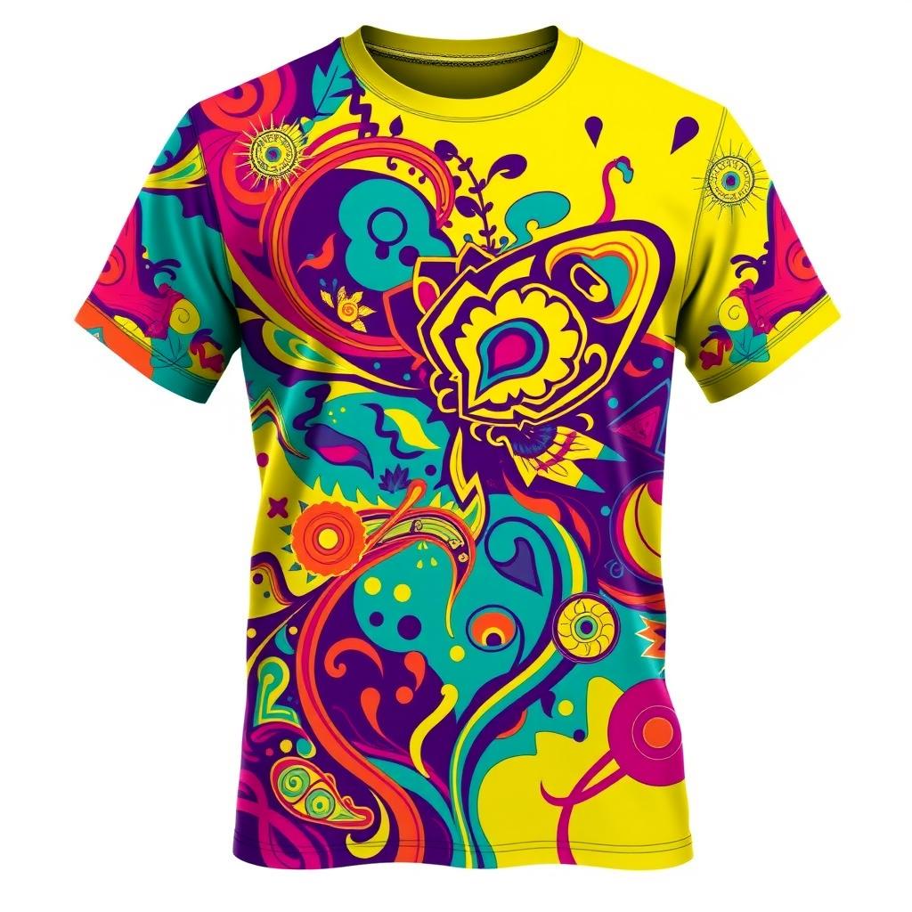 A vibrant and stylish T-shirt featuring a unique graphic design in bold colors, with intricate patterns and eye-catching elements that create a sense of movement and energy