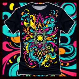 A vibrant and stylish T-shirt featuring a unique graphic design in bold colors, with intricate patterns and eye-catching elements that create a sense of movement and energy