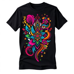 A vibrant and stylish T-shirt featuring a unique graphic design in bold colors, with intricate patterns and eye-catching elements that create a sense of movement and energy