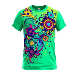 A vibrant and stylish T-shirt featuring a unique graphic design in bold colors, with intricate patterns and eye-catching elements that create a sense of movement and energy