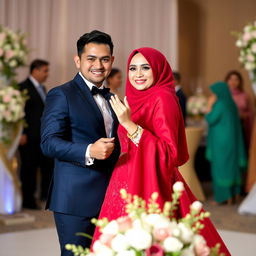 A charming groom in a navy blue suit dancing with a beautiful bride wearing a striking red dress and a red hijab