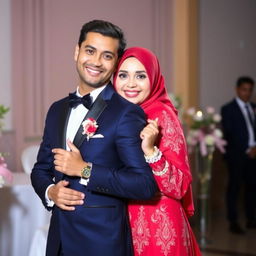 A charming groom in a navy blue suit dancing with a beautiful bride wearing a striking red dress and a red hijab