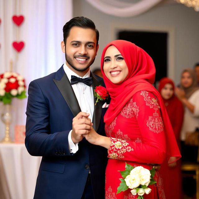 A charming groom in a navy blue suit dancing with a beautiful bride wearing a striking red dress and a red hijab