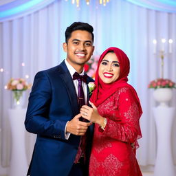 A charming groom in a navy blue suit dancing with a beautiful bride wearing a striking red dress and a red hijab